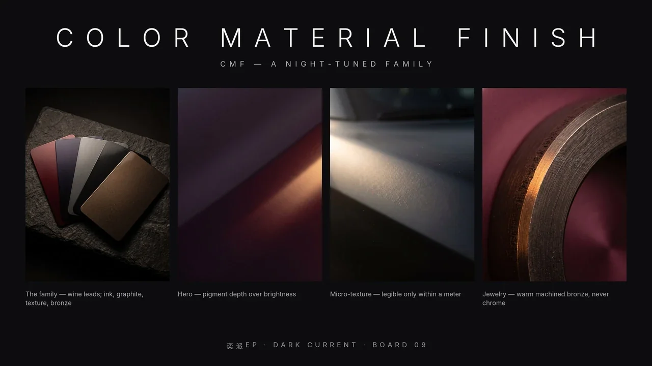 Dark Current presentation, slide 18: Color, material and finish