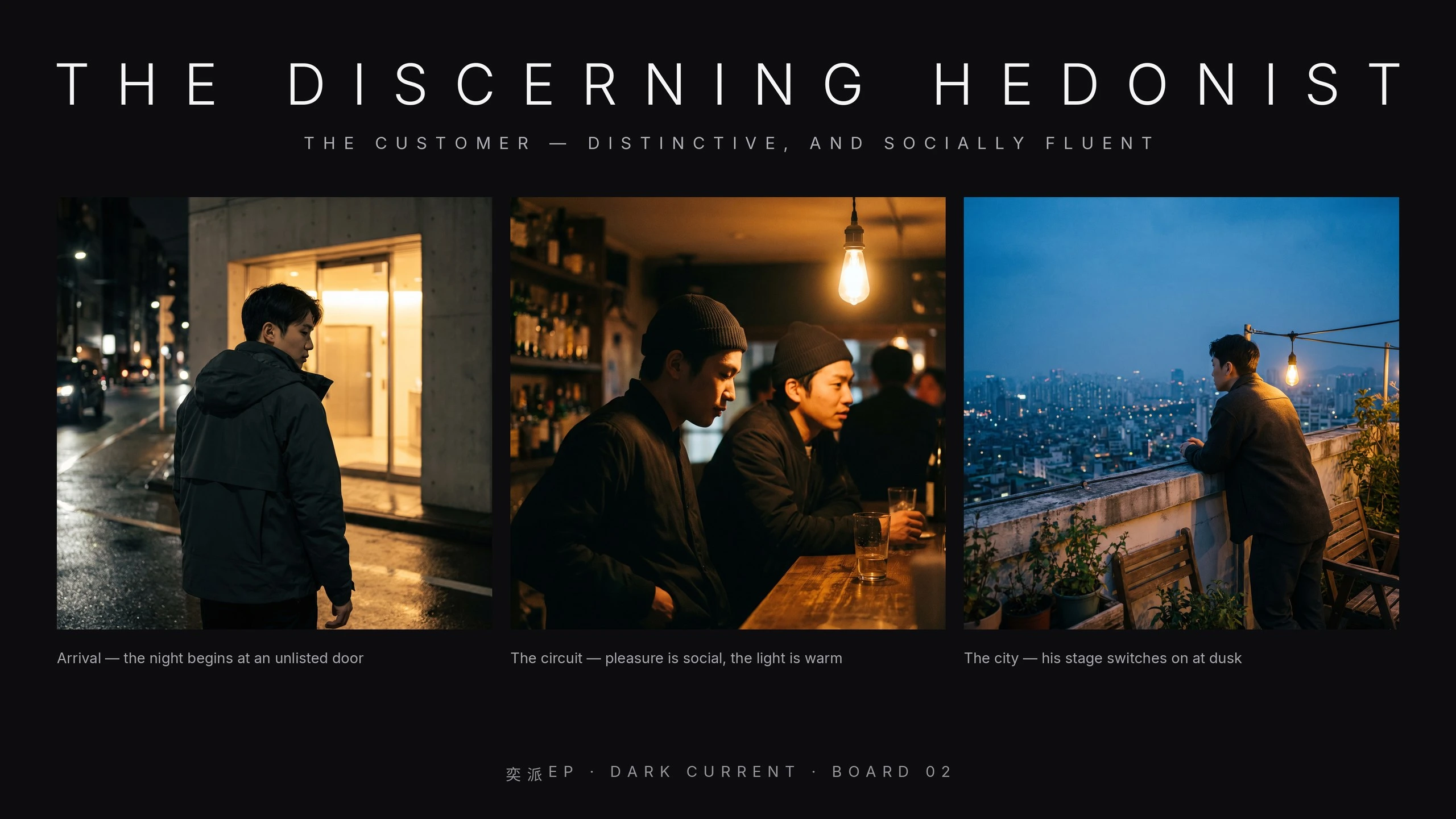 Dark Current customer profile illustrated through three evening scenes
