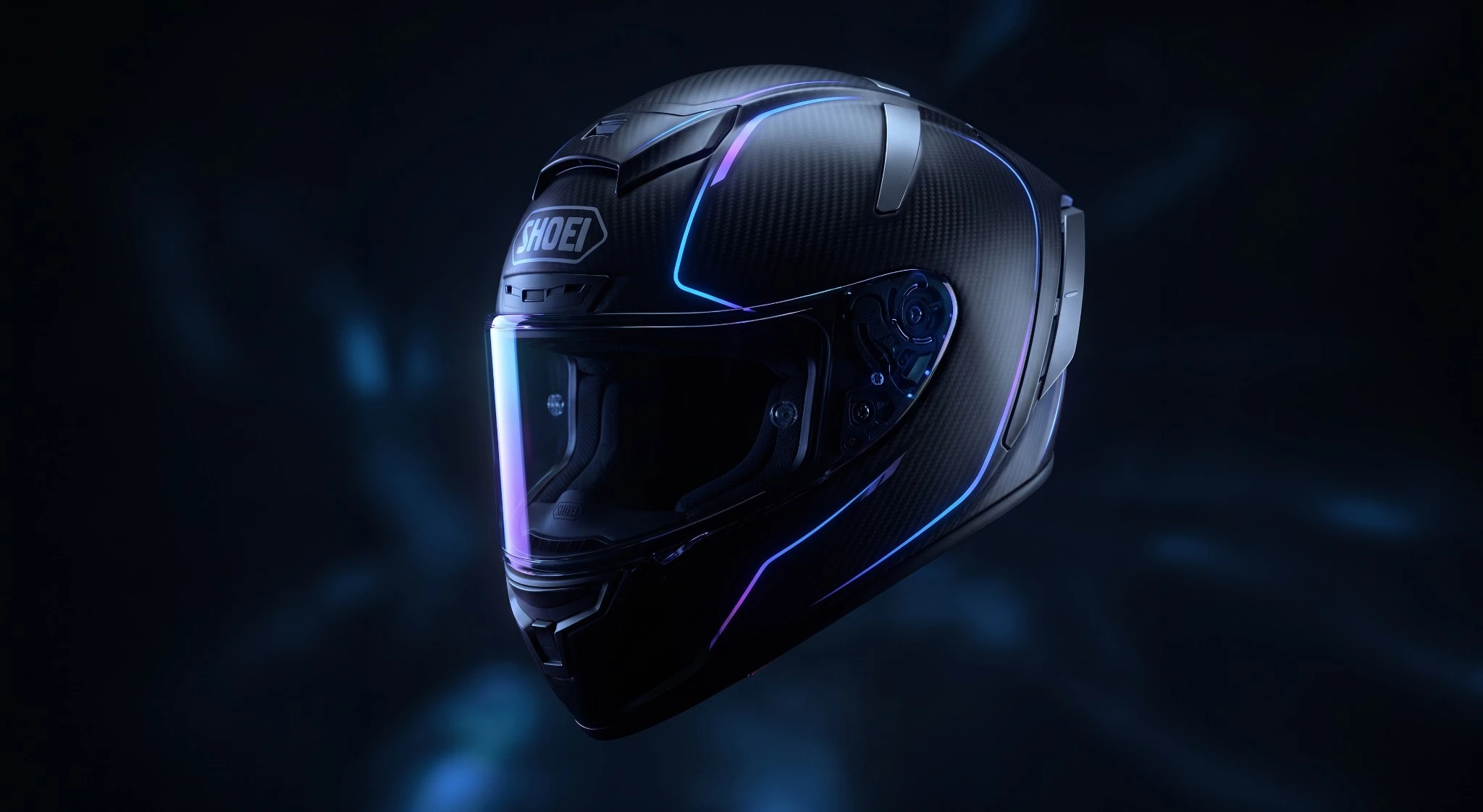 Independent carbon-fiber helmet concept with blue and purple lighting
