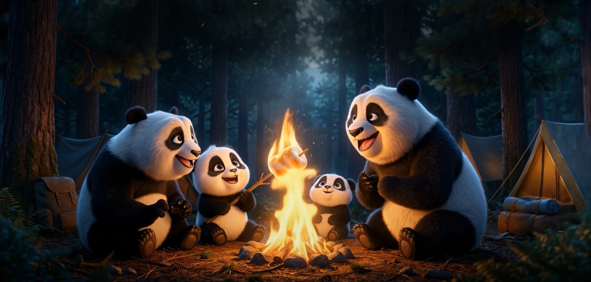Panda campfire scene used as the animation starting frame