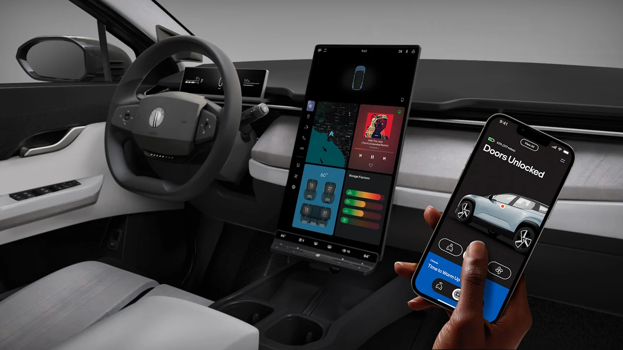 Fisker Ocean cabin with rotating center touchscreen and phone companion