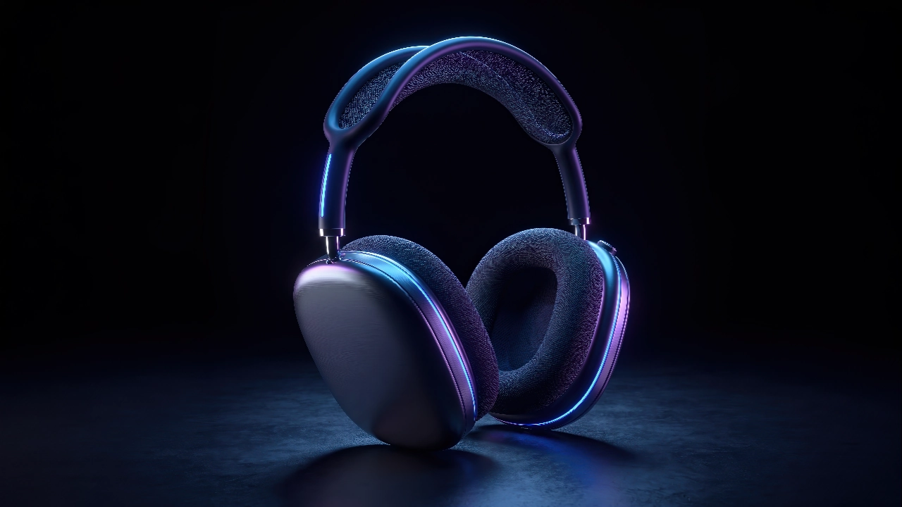 Over-ear headphones with blue-purple lighting and a dark material finish