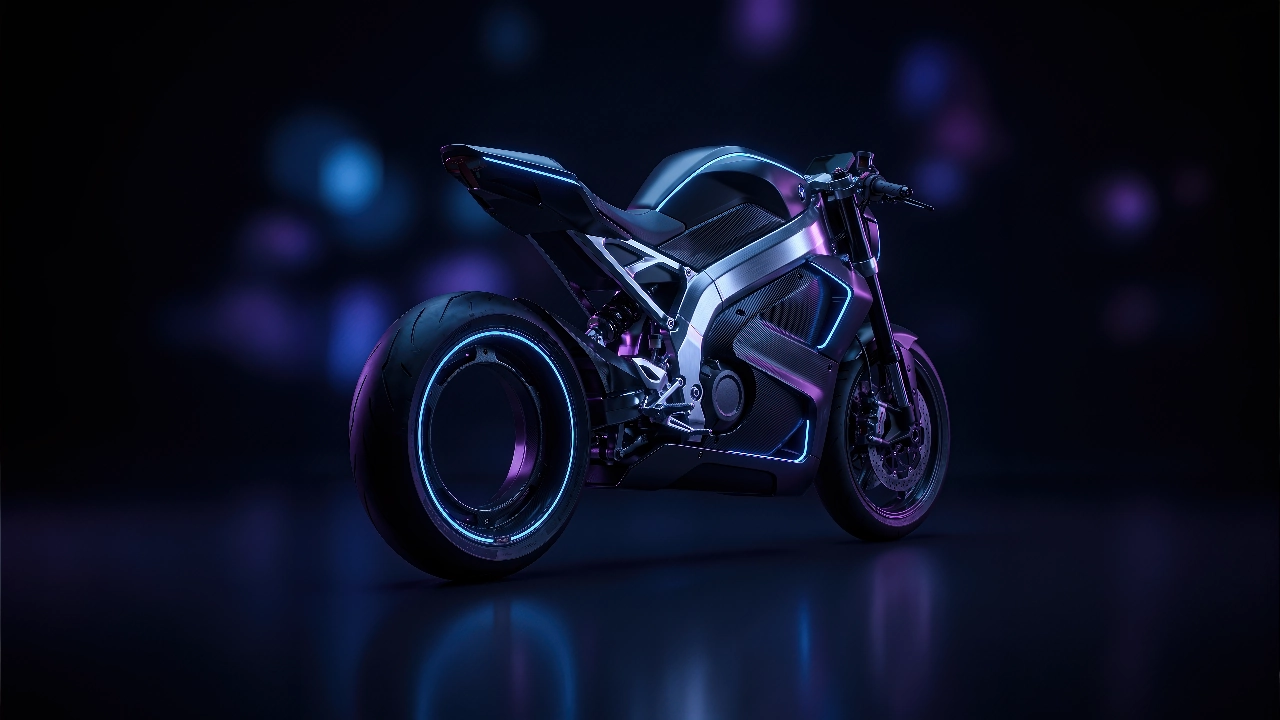 A futuristic motorcycle with dark materials and blue-purple light accents