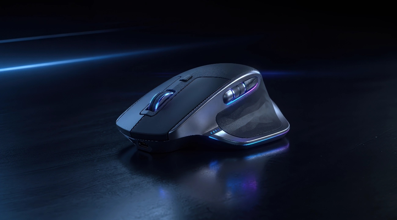 An ergonomic mouse with blue-purple light accents and dark surface materials