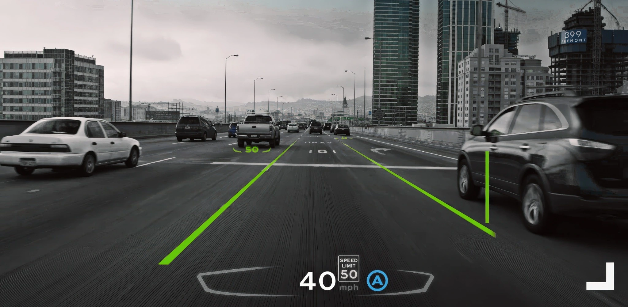 Highway driving scene with lane guidance and augmented driving information