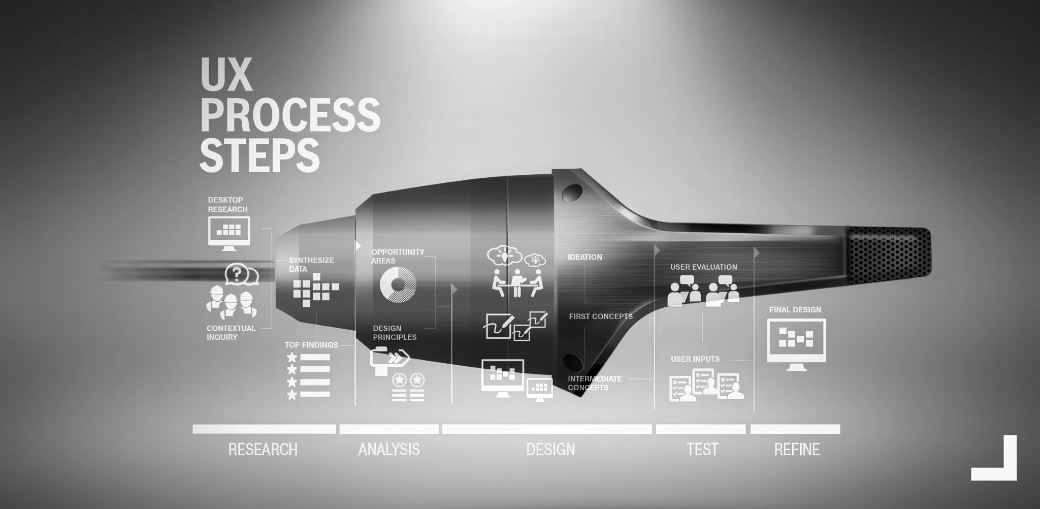 UX process diagram showing research, analysis, design, testing and refinement