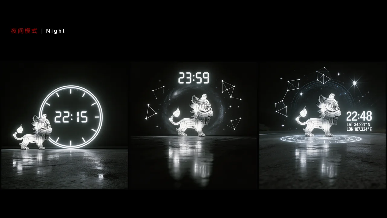 Model B — Lion — night and clock projection